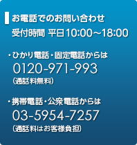 お電話でのお問い合わせ　受付時間　平日10：00～18：00　固定電話からは009192-123（通話料無料）携帯電話・PHS、公衆電話からは03-5954-7257（通話料金はいずれもお客さま負担となりますのでご注意ください。 ）