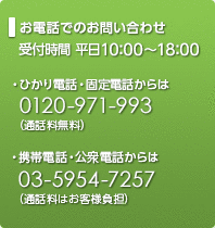 お電話でのお問い合わせ　受付時間　平日10：00～18：00　固定電話・携帯電話からは009192-123（通話料無料）ひかり電話からは0120-971-993（通話料無料）PHS・公衆電話からは03-5954-7257（通話料金はいずれもお客さま負担となりますのでご注意ください。）