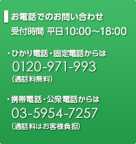 お電話でのお問い合わせ　受付時間　平日10：00～18：00　固定電話からは009192-123（通話料無料）携帯電話・PHS、公衆電話からは03-5954-7257（通話料金はいずれもお客さま負担となりますのでご注意ください。 ）