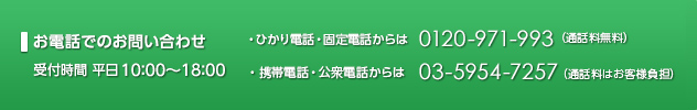 お電話でのお問い合わせ　受付時間　平日10：00～18：00　固定電話からは009192-123（通話料無料）携帯電話・PHS、公衆電話からは03-5954-7257（通話料金はいずれもお客さま負担となりますのでご注意ください。 ）