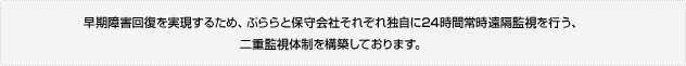 早期障害回復を実現するため、ぷららと保守会社それぞれ独自に24時間常時遠隔監視を行う、二重監視体制を構築しております。